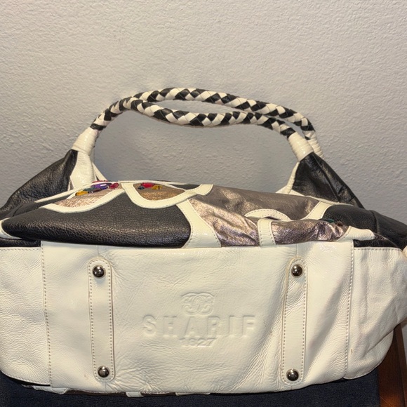 Sharif Black and White Floral Appliqué Shoulder Bag with Jewel Accents - Picture 10 of 12